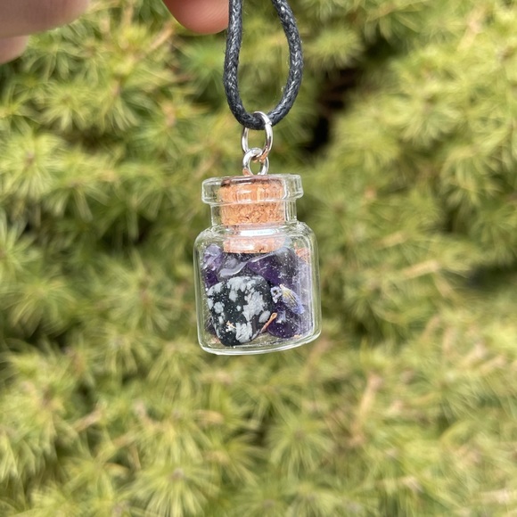 Snowflake Obsidian Amethyst Lavender Bottle Necklace | Gemstone Glass Jar - Picture 4 of 4